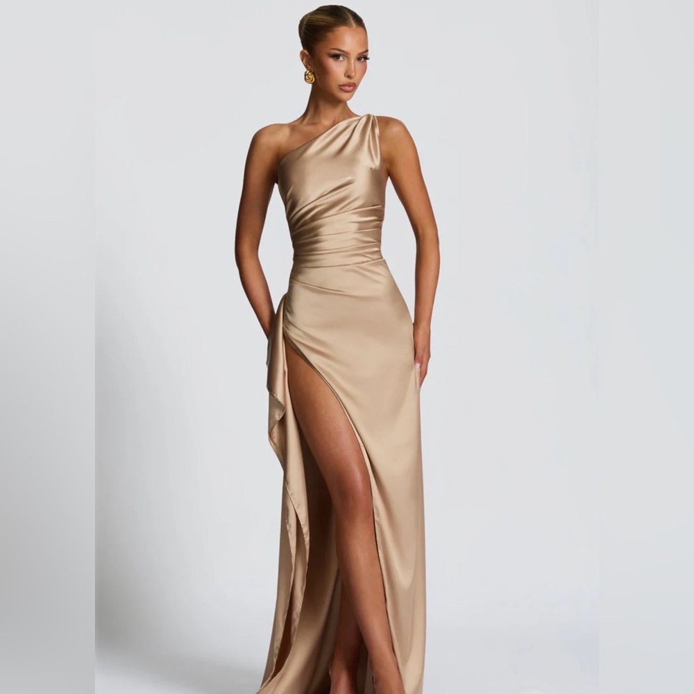 One-Shoulder Satin Evening Gown in Champagne- New With Tag